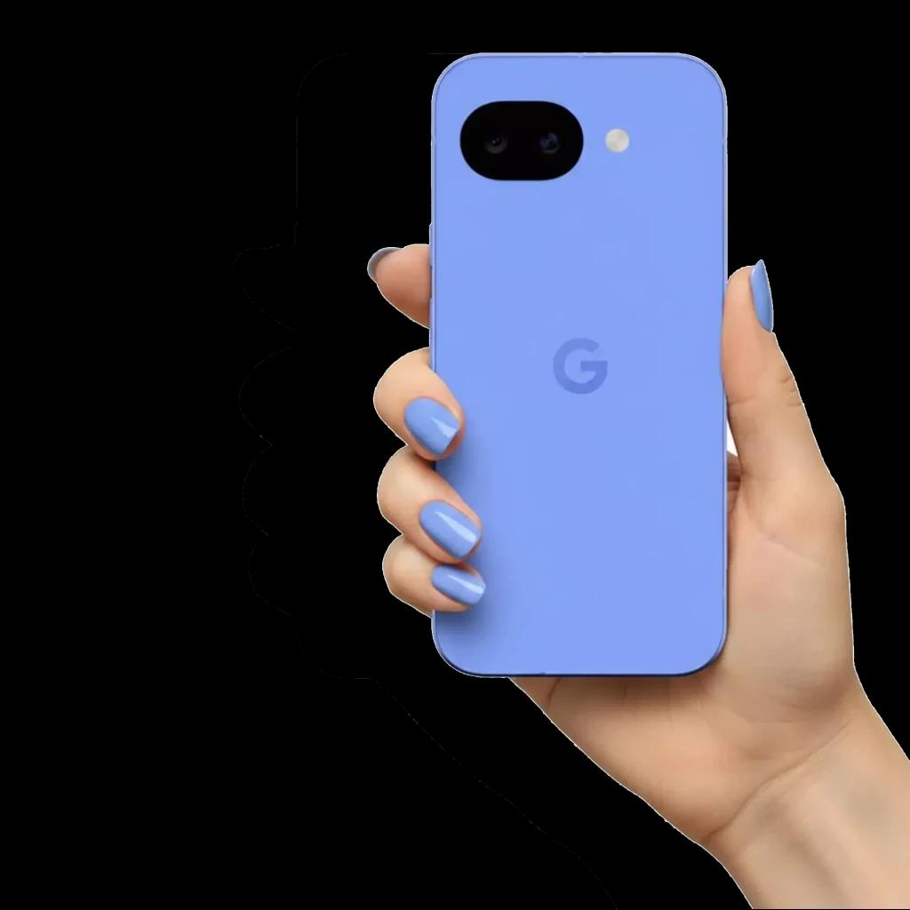 Google Pixel 10a lavanda en mano, acabado mate, logo G centrado, doble cámara trasera con flash, diseño compacto y bordes curvos