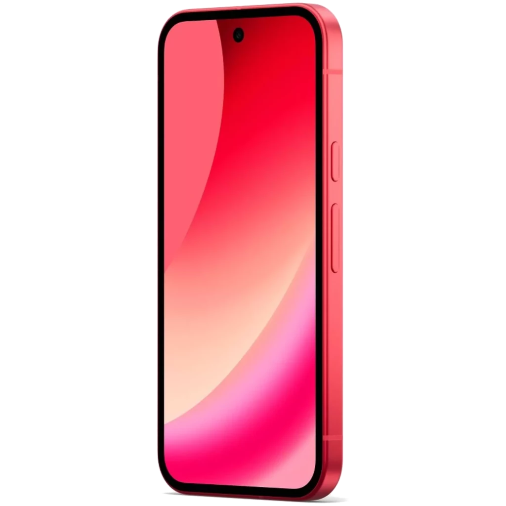 Google Pixel 10a 128GB en color baya con pantalla Actua OLED sin bordes, cámara frontal en orificio centrado y marco lateral con botones en tono rosa