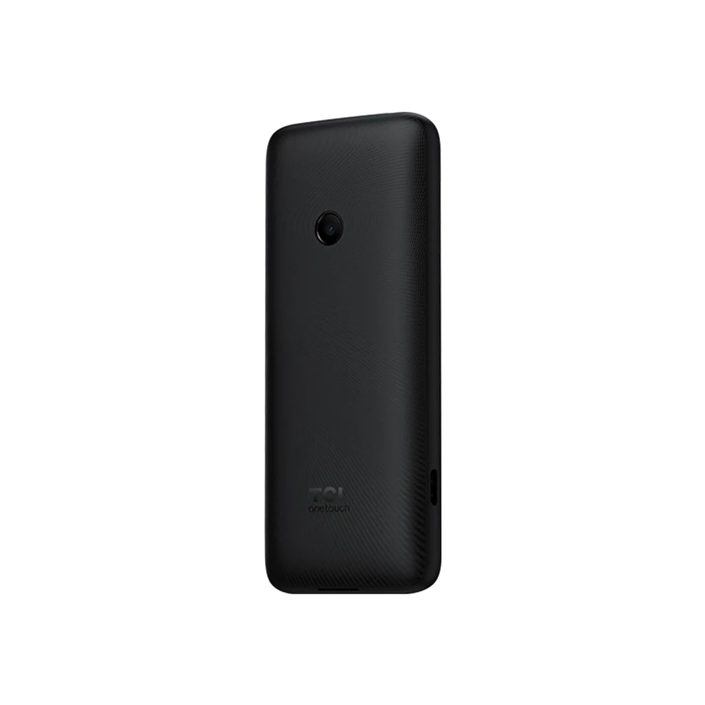 TCL OneTouch 5041 4G Eco Design negro, carcasa texturizada antideslizante, cámara trasera única centrada, bordes redondeados y puerto lateral