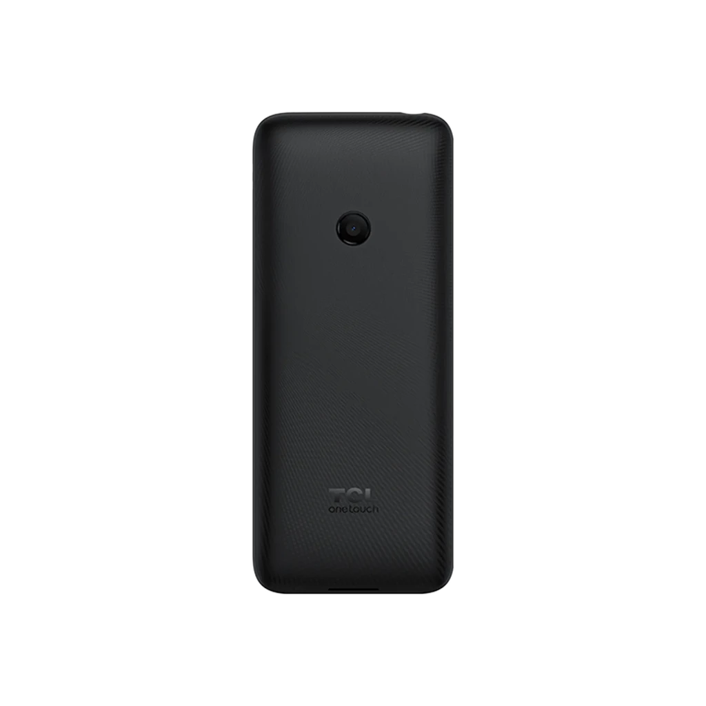 TCL OneTouch 5041 4G Eco Design para mayores, carcasa negra texturizada con patrón diagonal, cámara trasera centrada y logotipo TCL en la parte inferior