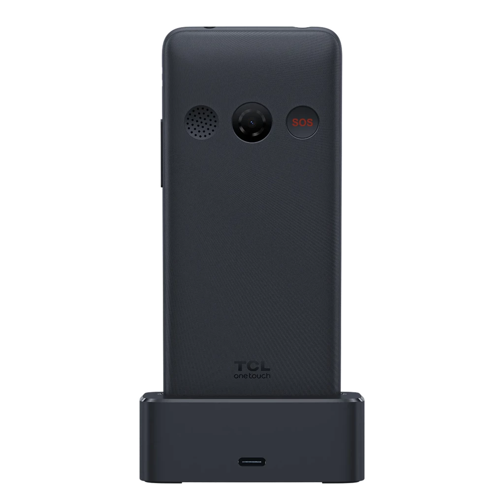 TCL OneTouch 4042S 4G Eco Design para mayores con botón SOS rojo, altavoz trasero, cámara central y base de carga USB-C en color negro mate