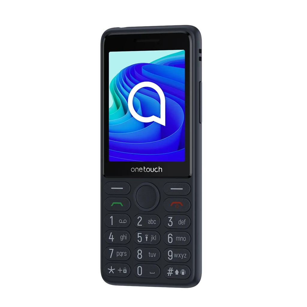 Teléfono TCL OneTouch 4042S 4G con diseño ecológico, pantalla a color, botones grandes y separados, teclado numérico legible y carcasa compacta en negro
