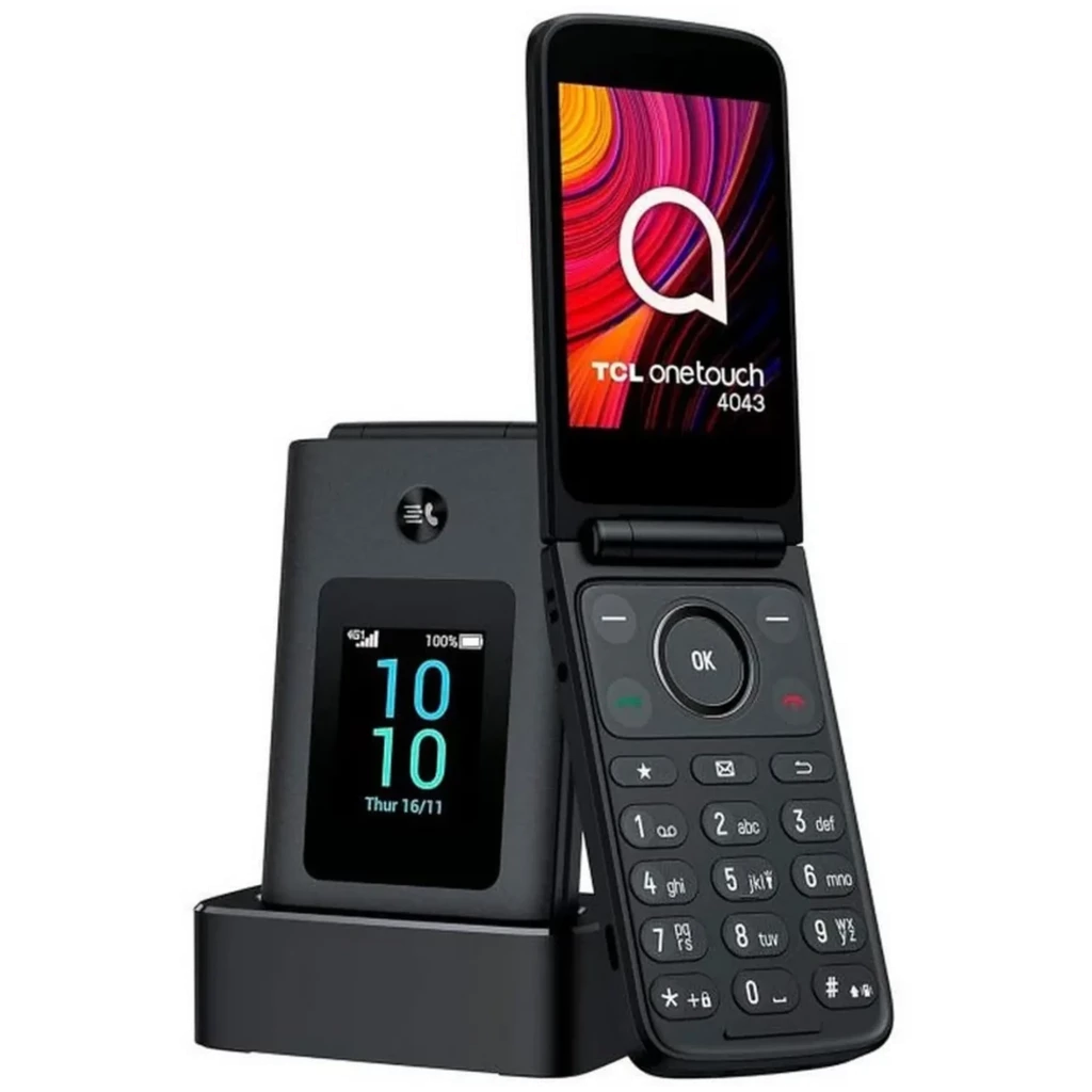 TCL Onetouch 4043D 4G Eco Design con tapa, pantalla a color, teclado grande con botones dedicados, base de carga con display auxiliar y diseño compacto