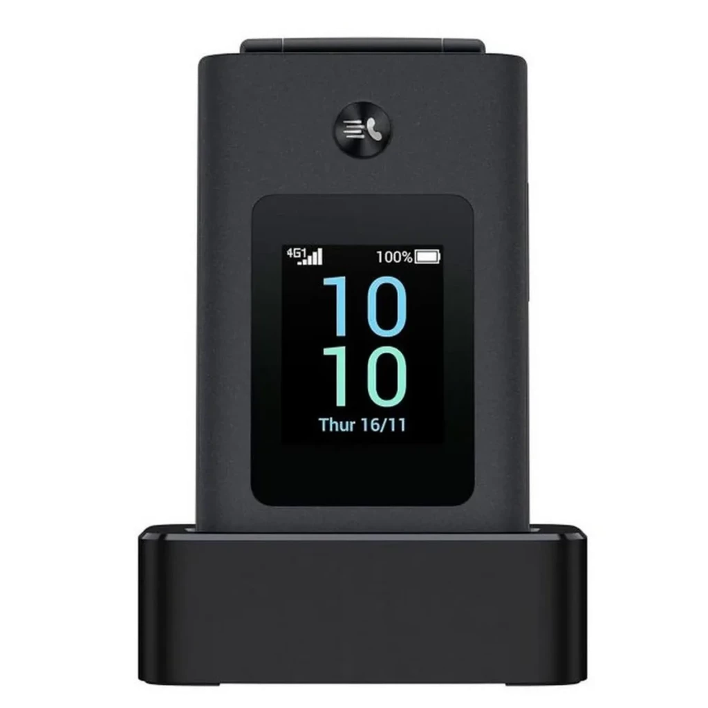 TCL Onetouch 4043D 4G Eco Design con pantalla externa clara, iconos grandes y base de carga estable; diseño plegable negro para personas mayores