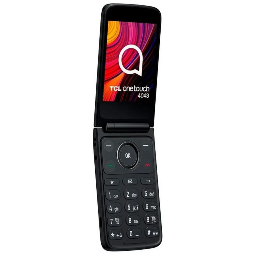 TCL Onetouch 4043D 4G Eco Design con tapa, pantalla a color, teclas grandes con números legibles, botón OK central y diseño ergonómico para mayores