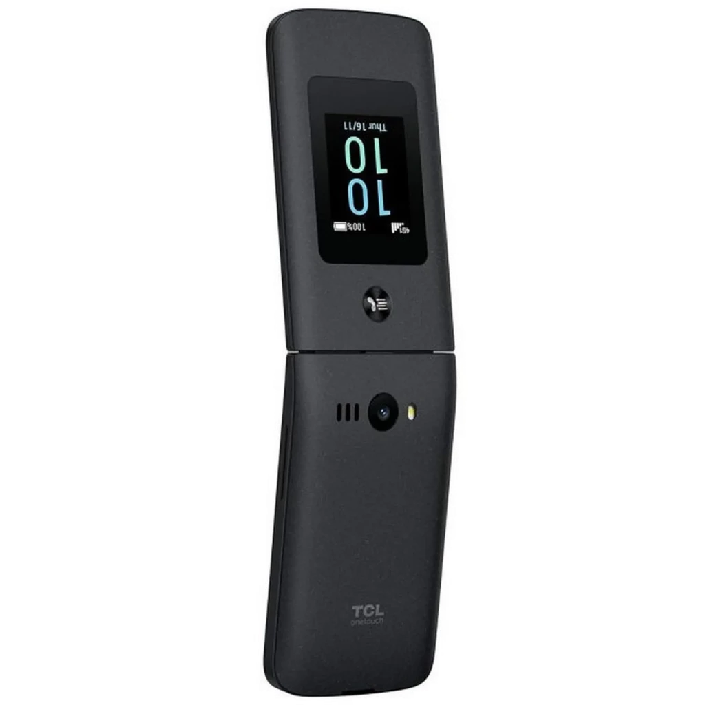 TCL Onetouch 4043D 4G Eco Design: móvil plegable negro con pantalla externa, teclas grandes, cámara trasera, altavoz amplio y diseño ergonómico para mayores