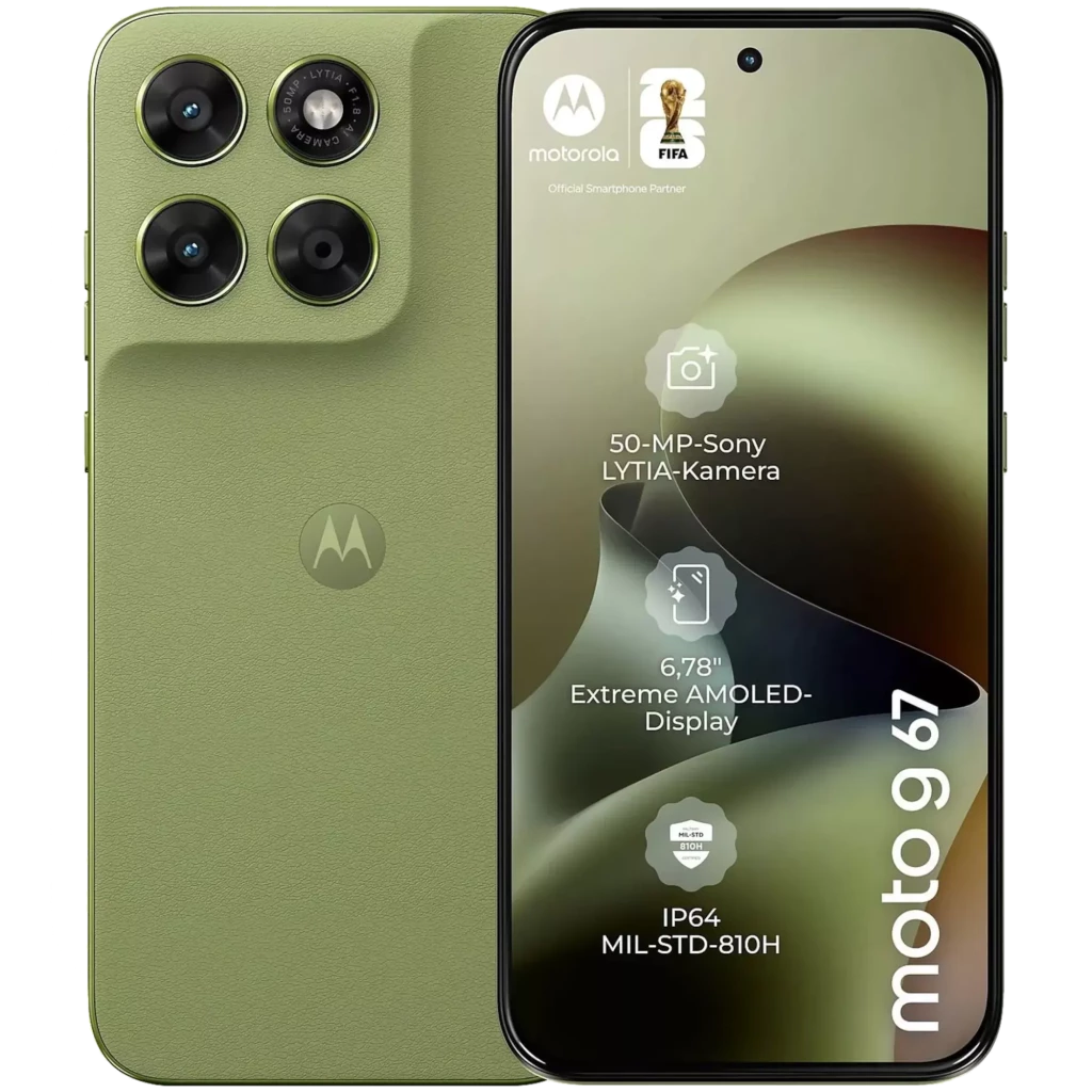 Smartphone verde con triple cámara trasera y pantalla AMOLED 6.78 pulgadas con orificio central; texto destaca 50 MP, IP64 y diseño delgado moto g67 5G 256GB