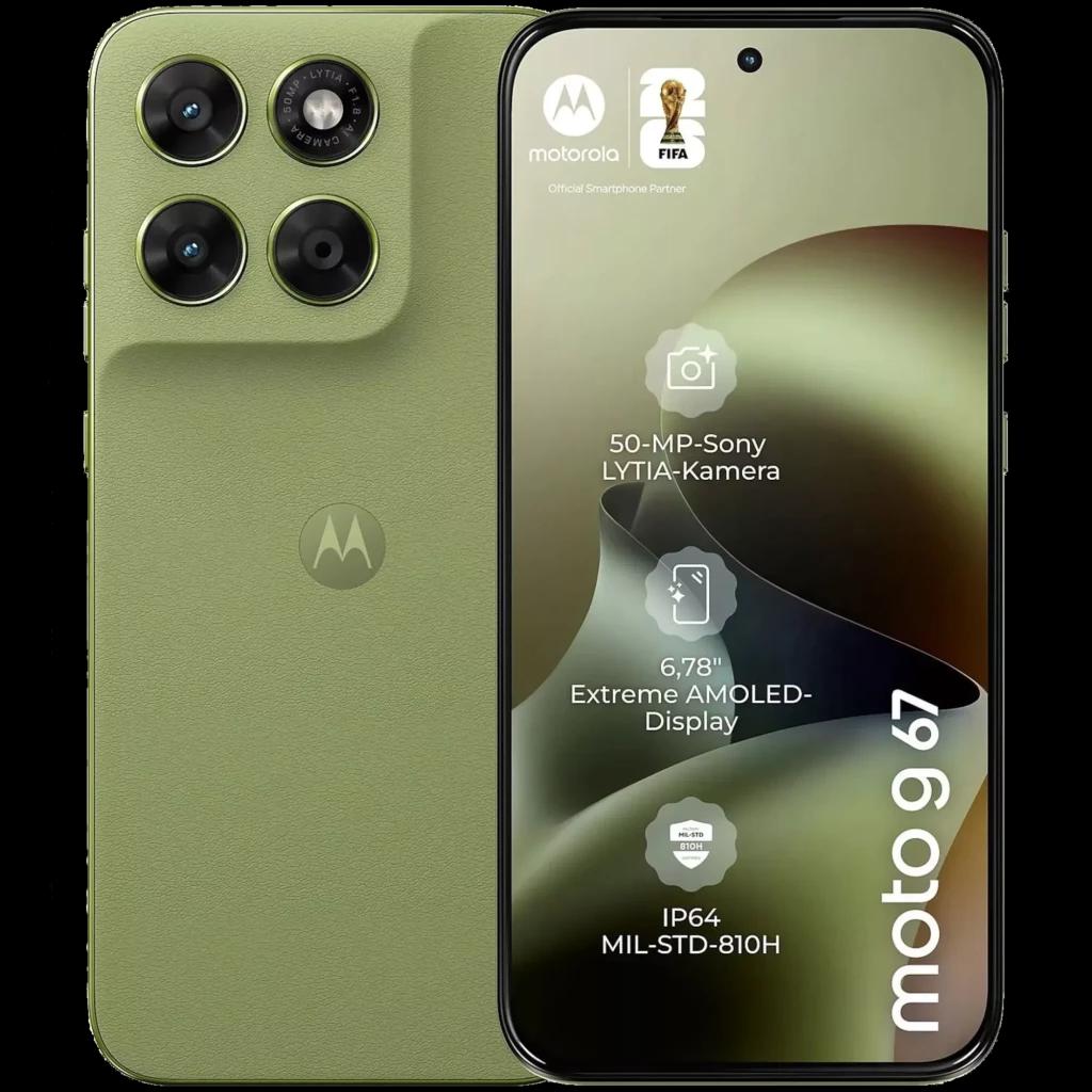 Smartphone vert Motorola Moto G67 5G, écran AMOLED 6,78 pouces avec poinçon central, triple caméra arrière proéminente, logo M au dos, 256 Go, 4 Go RAM