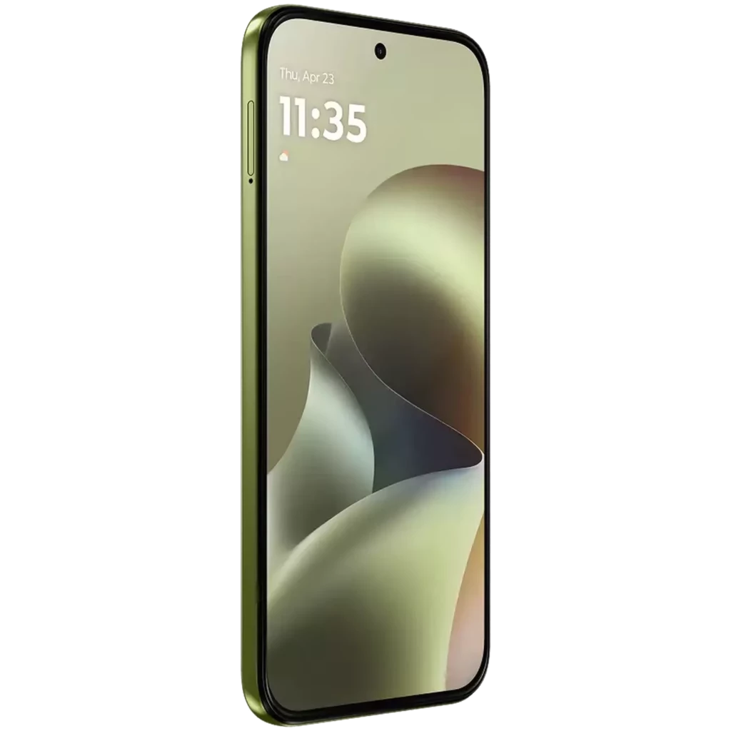 Smartphone vert Motorola Moto G67 5G avec grand écran 6,78 pouces bord à bord, poinçon central pour caméra frontale et bords fins, châssis élégant