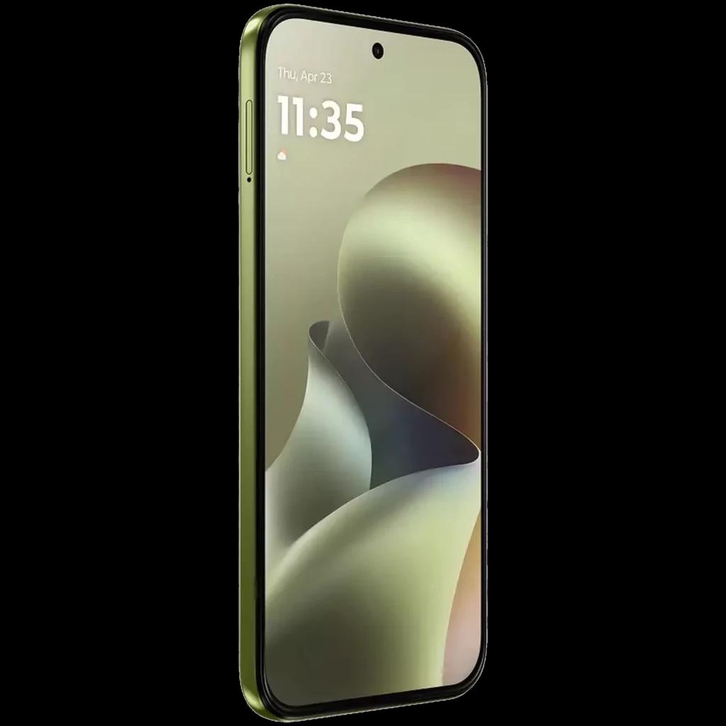 Smartphone vert Motorola Moto G67 5G avec grand écran 6,78 pouces bord à bord, poinçon central pour caméra frontale et bords fins, châssis élégant