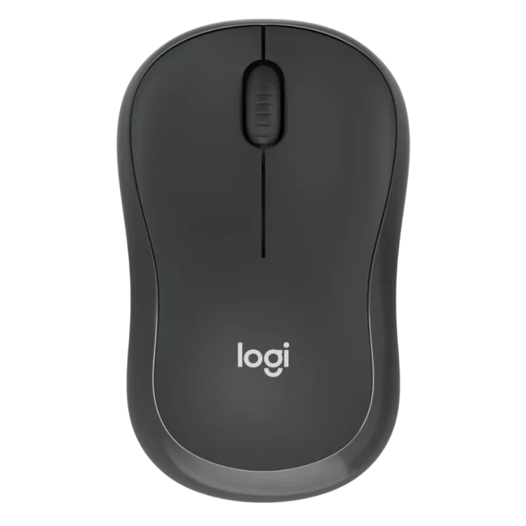 Rato sem fios Logitech M240 cor grafite, design compacto simétrico, roda de deslocamento central e acabamento mate com logótipo logi