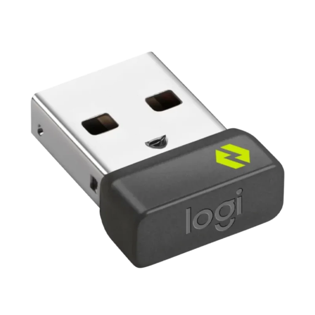 Receptor USB compacto preto com logotipo logi e detalhes em verde, acabamento metálico brilhante, compatível com o mouse sem fio Logitech M240