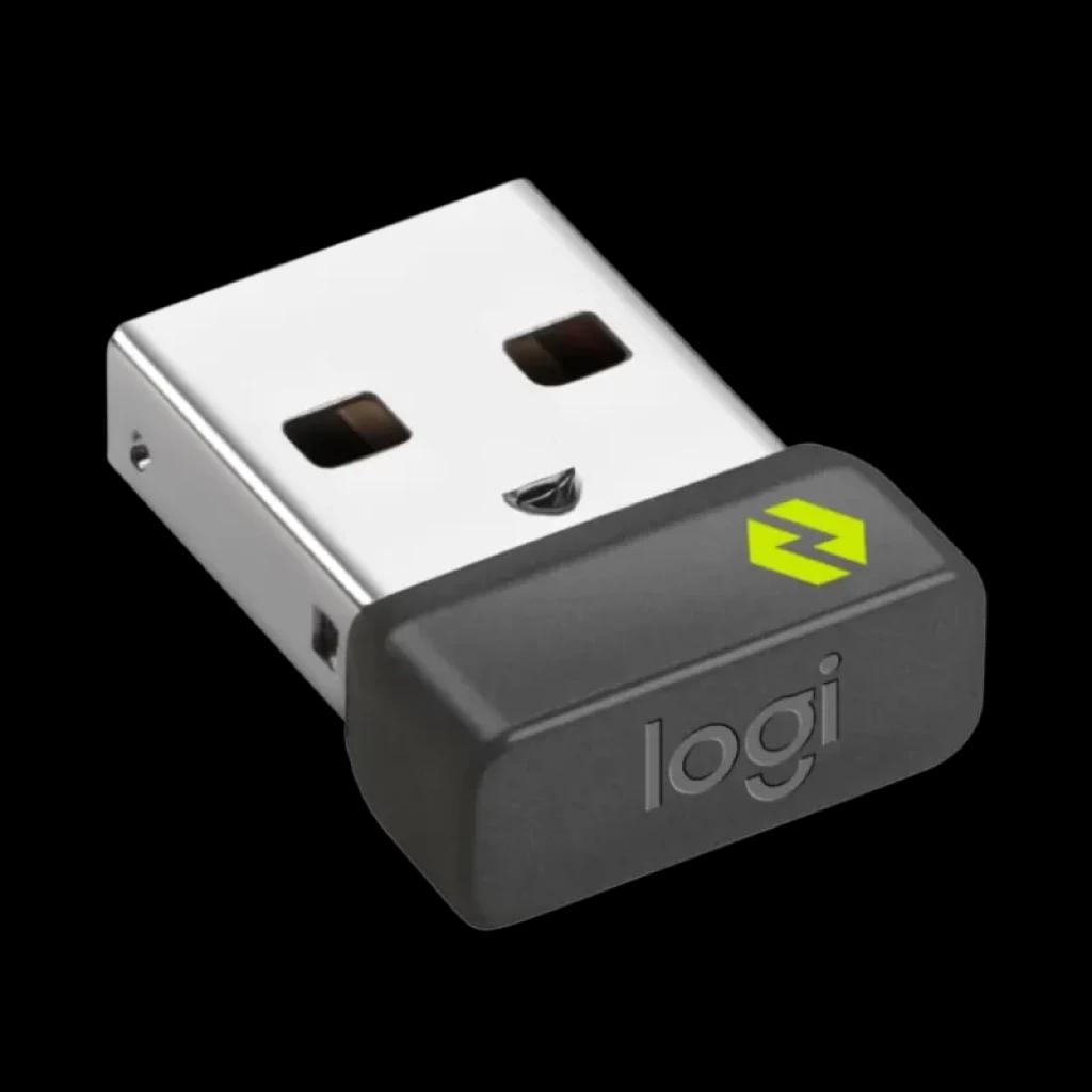 Receptor USB compacto preto com logotipo logi e detalhes em verde, acabamento metálico brilhante, compatível com o mouse sem fio Logitech M240