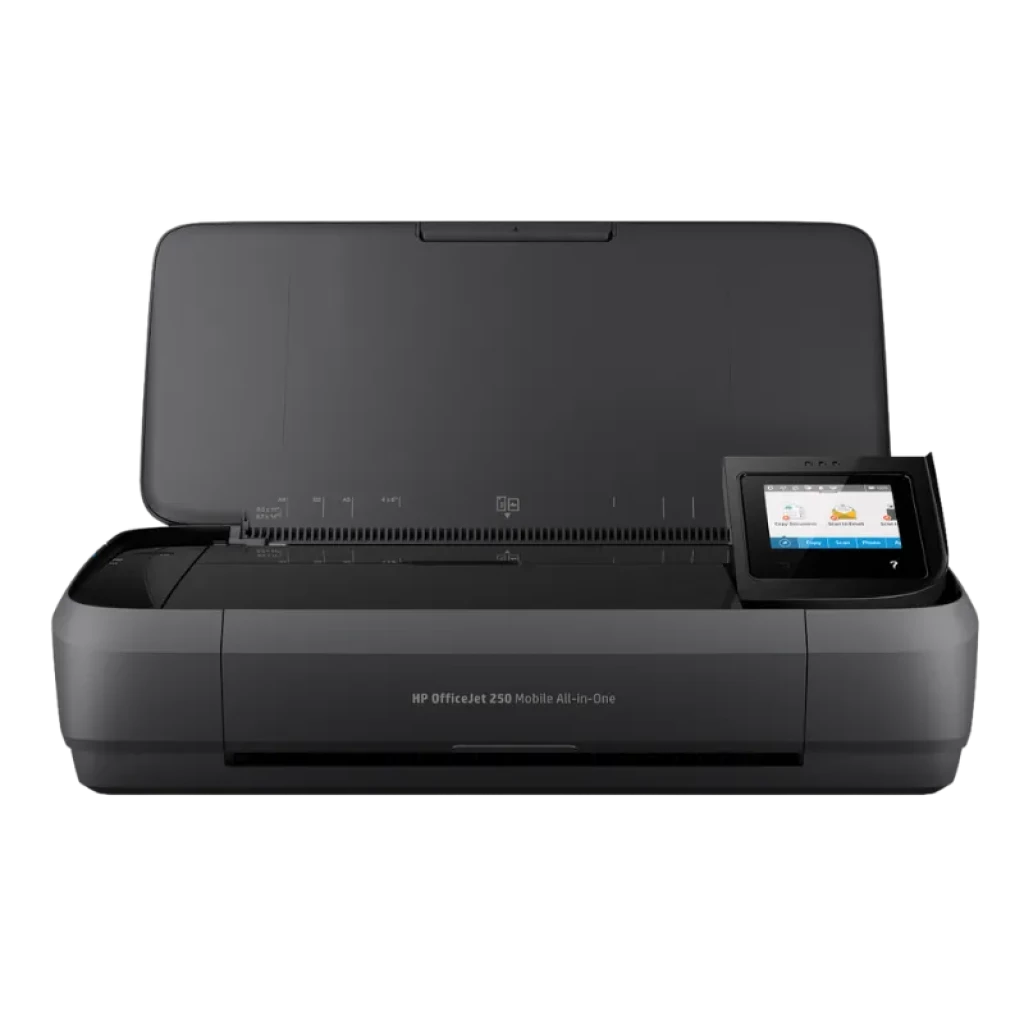 HP Officejet 250 Mobile Negro Tinta Color WiFi con tapa abierta, bandeja de papel visible y pantalla táctil a color en el lateral derecho