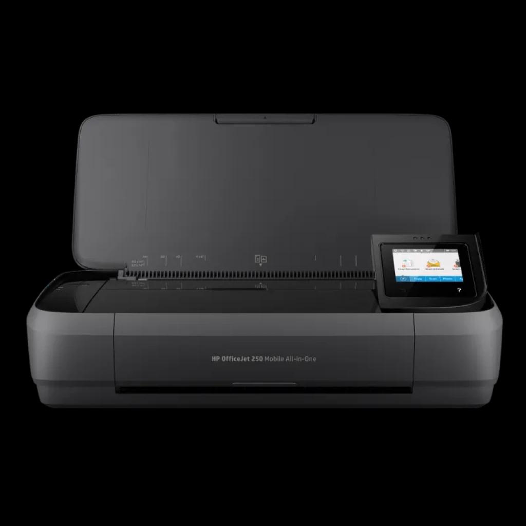 HP Officejet 250 Mobile Negro Tinta Color WiFi con tapa abierta, bandeja de papel visible y pantalla táctil a color en el lateral derecho