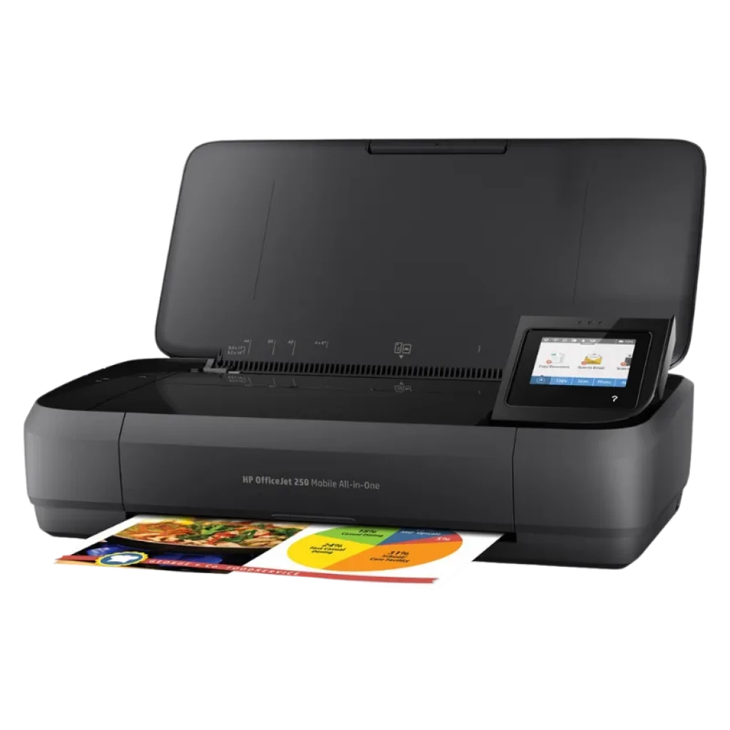 HP Officejet 250 Mobile Negro, impresora multifunción compacta con pantalla táctil a color, tapa abatible y salida de hojas; diseño portátil WiFi