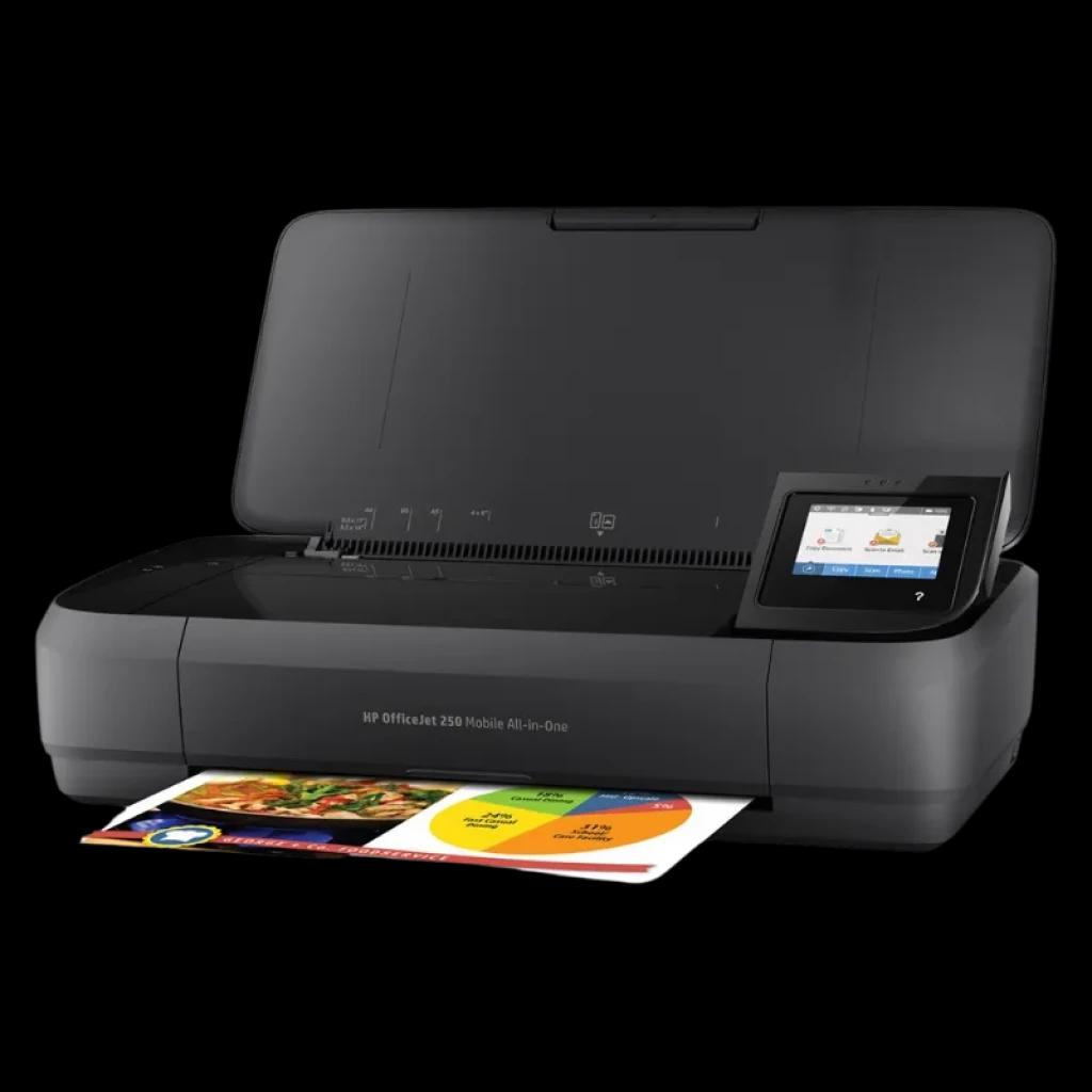 HP Officejet 250 Mobile Negro, impresora multifunción compacta con pantalla táctil a color, tapa abatible y salida de hojas; diseño portátil WiFi