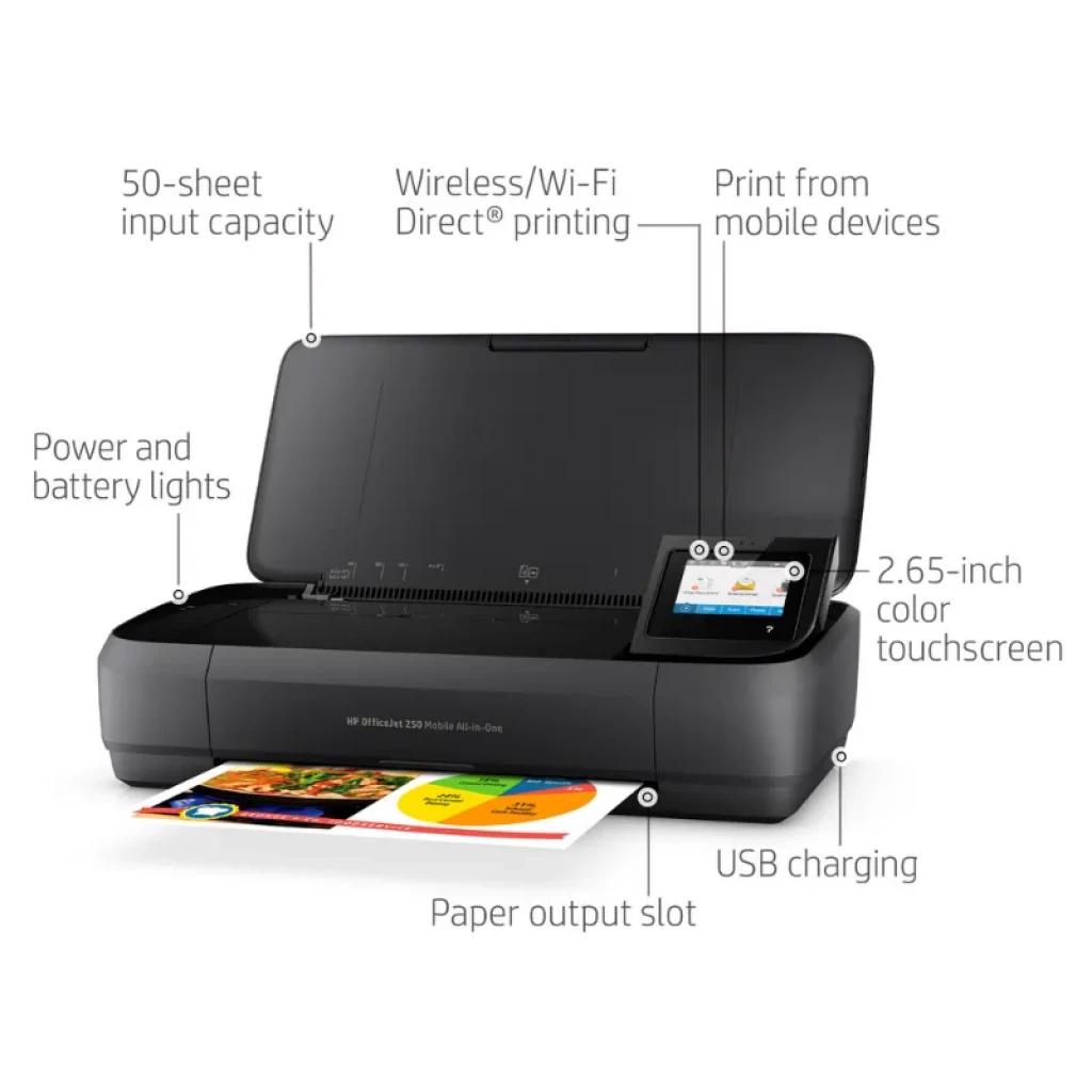 HP Officejet 250 Mobile Negro: impresora multifunción compacta con pantalla táctil 2.65, WiFi Direct, carga USB, bandeja 50 hojas y salida frontal de papel