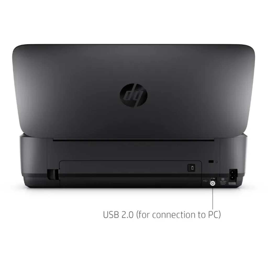 HP Officejet 250 Mobile Negro Tinta Color WiFi con tapa abatible, acabado mate, puerto USB 2.0 trasero y botón de encendido; diseño compacto portátil