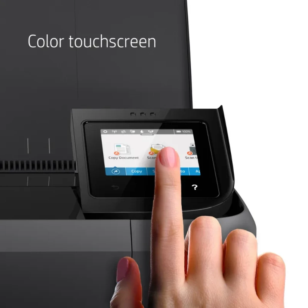 Pantalla táctil a color de la HP Officejet 250 Mobile Negro Tinta Color WiFi con iconos de copiar y escanear, control intuitivo con un toque