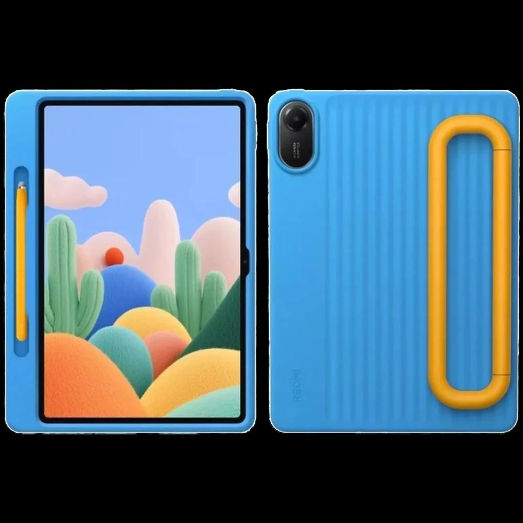 Tablet Xiaomi Redmi Pad 2 Play azul con funda rígida azul y asa amarilla, cámara trasera grande, pantalla con biseles delgados y Stylus incluido