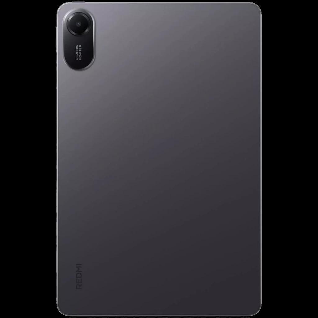 Tablet gris oscuro con tapa trasera lisa, cámara única vertical con aro negro y texto AI Camera 8MP, logo Redmi discreto en la esquina inferior izquierda