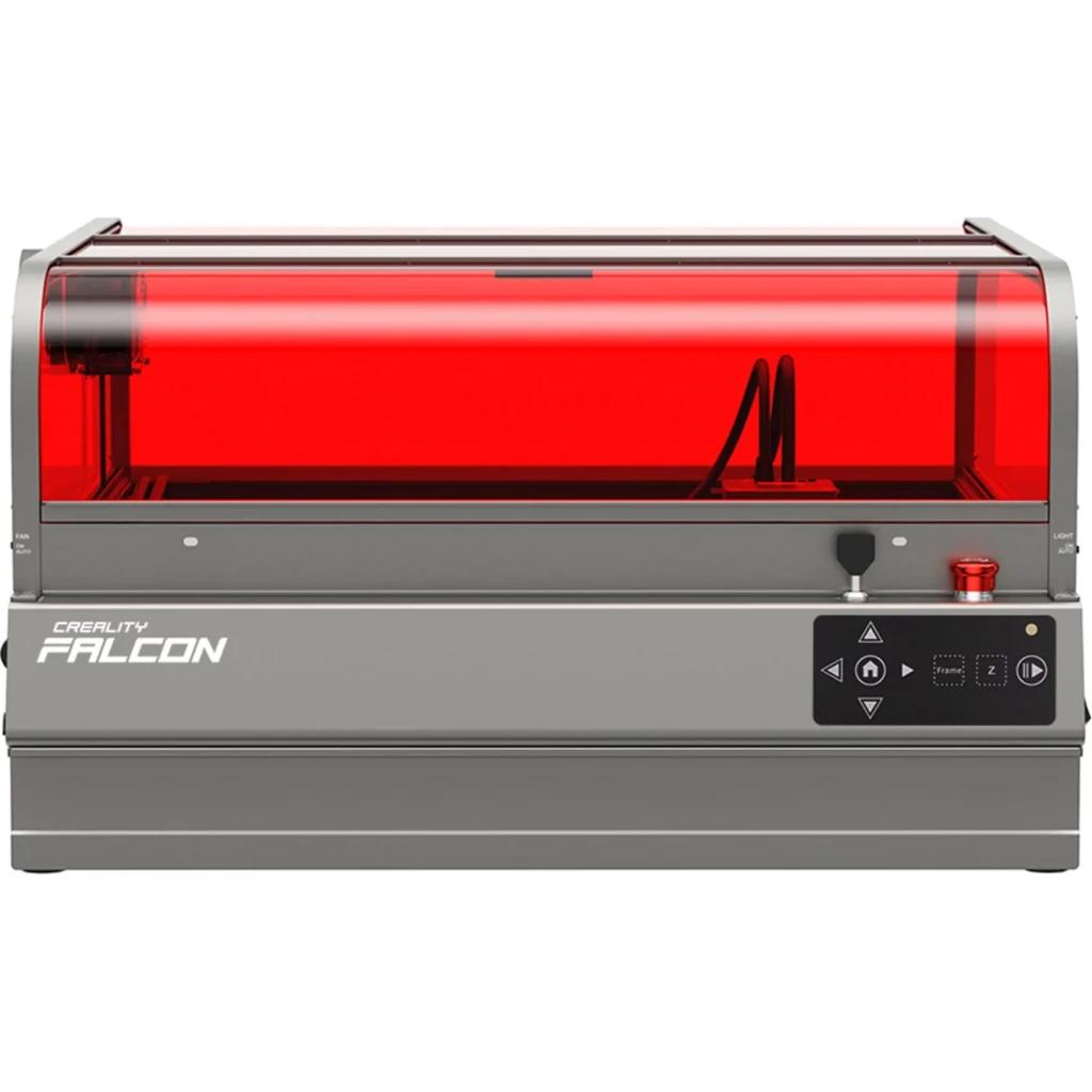 Gravador Creality Falcon2 Pro S 22W com gabinete cinza e tampa acrílica vermelha, painel digital com botões e botão de emergência lateral