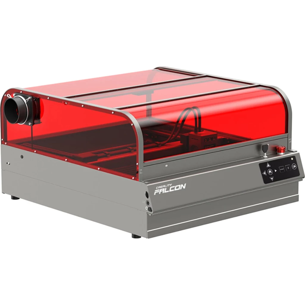 Gravador Creality Falcon2 Pro S 22W com gabinete metálico, tampa vermelha de proteção, painel de controle lateral e módulo laser com exaustão integrada