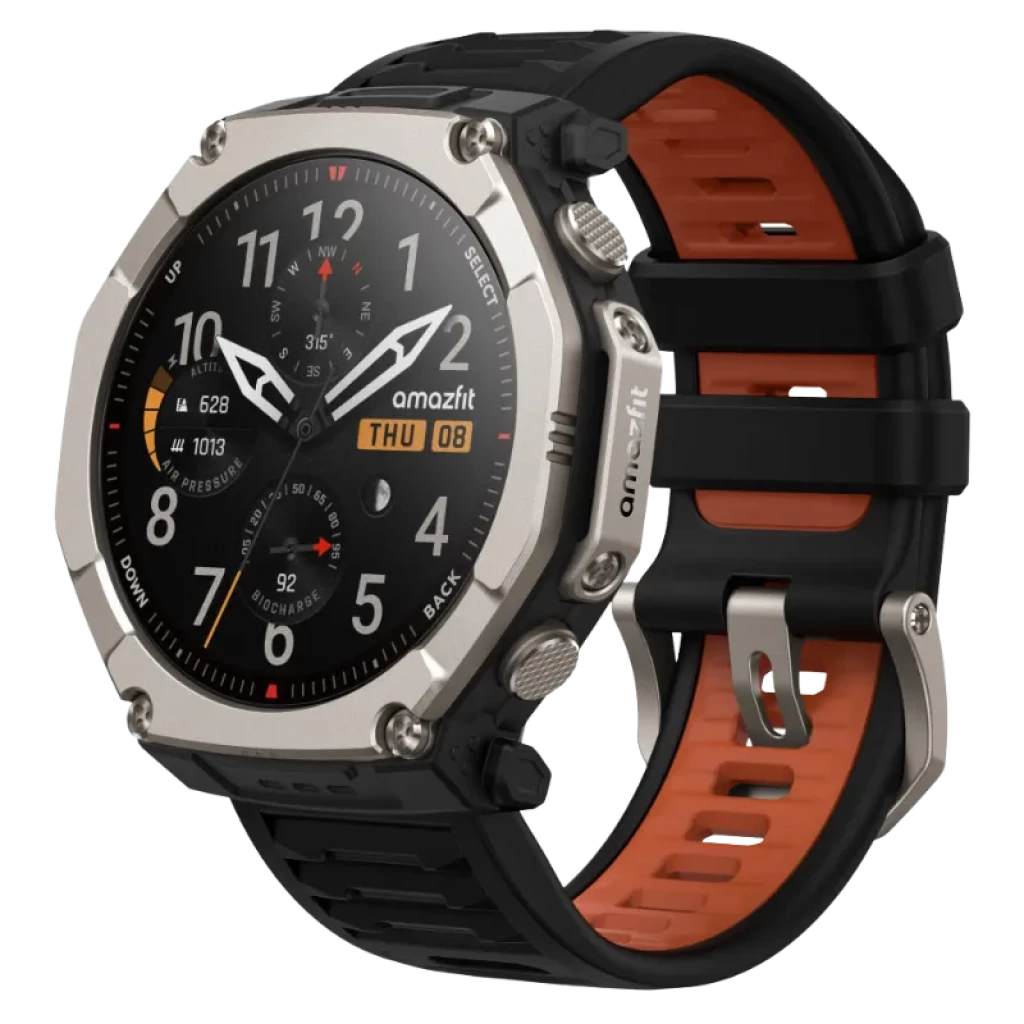Amazfit T-Rex Ultra 2 Magma Negro con bisel metálico, correa negra con interior naranja, pantalla AMOLED 1,5 pulgadas, botones robustos y diseño resistente