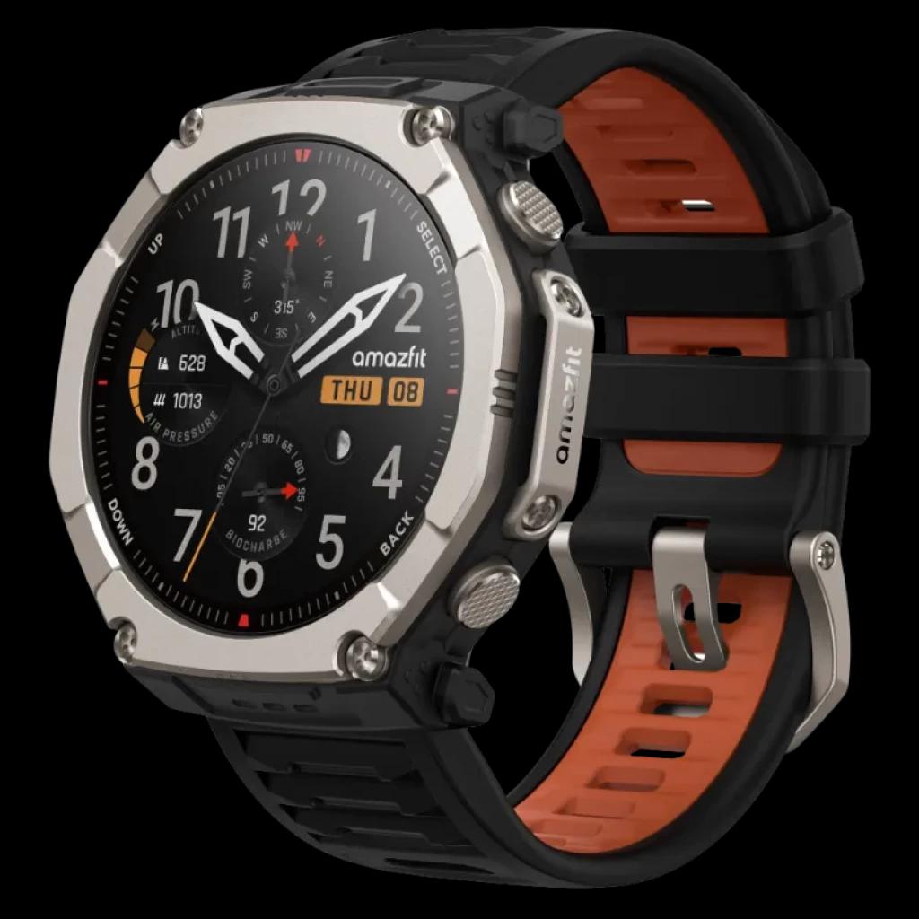 Amazfit T-Rex Ultra 2 Magma Negro con bisel metálico, correa negra con interior naranja, pantalla AMOLED 1,5 pulgadas, botones robustos y diseño resistente