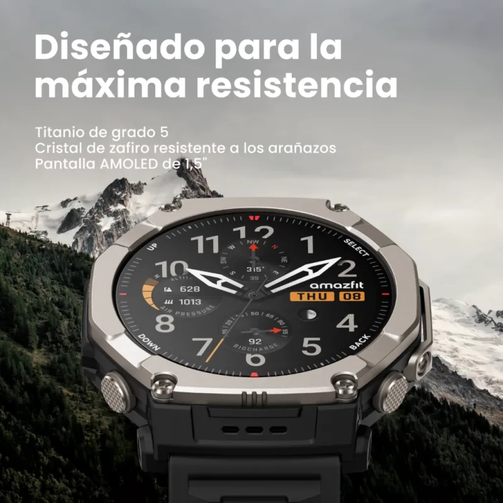 Amazfit T-Rex Ultra 2 Magma Negro con caja de titanio gris, bisel robusto, pantalla AMOLED 1,5 pulgadas, correa negra y botones metálicos prominentes