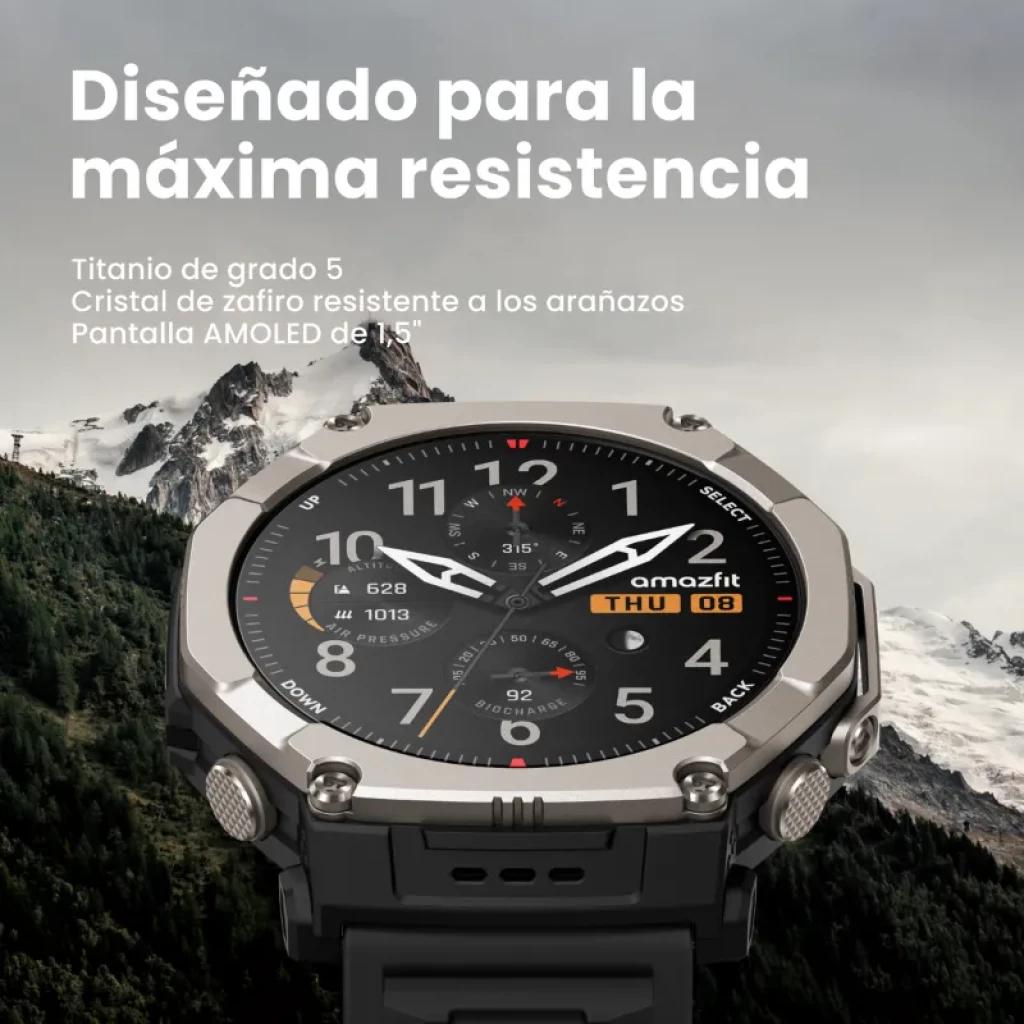 Amazfit T-Rex Ultra 2 Magma Negro con caja de titanio gris, bisel robusto, pantalla AMOLED 1,5 pulgadas, correa negra y botones metálicos prominentes