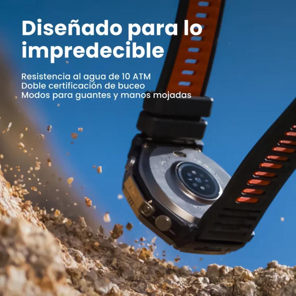 Amazfit T-Rex Ultra 2 Magma Negro, correa bicolor negra y naranja, caja robusta metálica, sensores traseros visibles, diseño resistente para uso extremo
