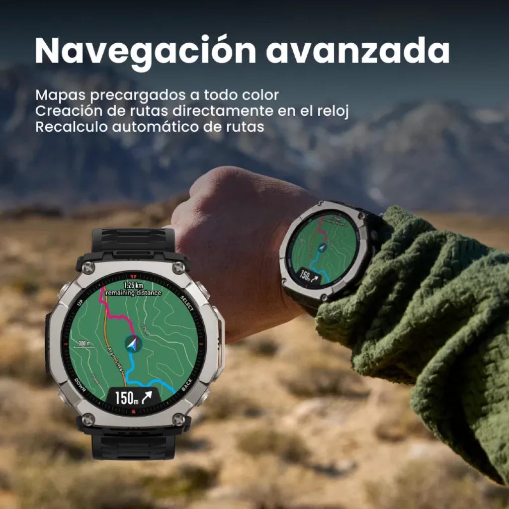 Amazfit T-Rex Ultra 2 Magma Negro con correa robusta, bisel metálico y pantalla AMOLED 1,5 mostrando mapas a color, navegación y distancia en ruta outdoors