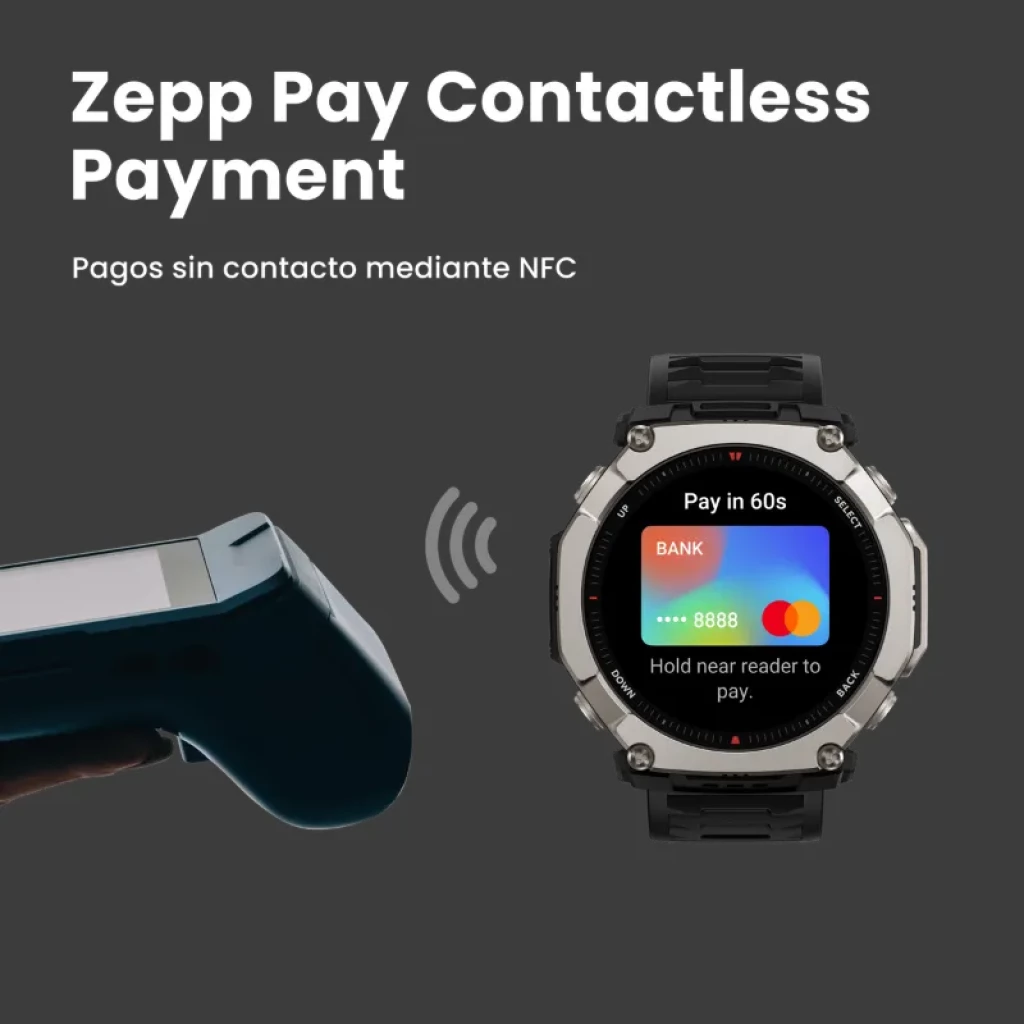 Amazfit T-Rex Ultra 2 Magma Negro con pantalla AMOLED 1,5, bisel robusto plateado, correa negra y pago sin contacto NFC visible en pantalla