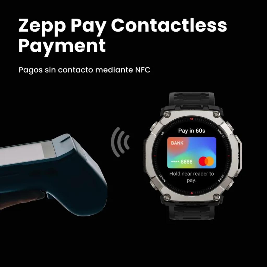 Amazfit T-Rex Ultra 2 Magma Negro con pantalla AMOLED 1,5, bisel robusto plateado, correa negra y pago sin contacto NFC visible en pantalla