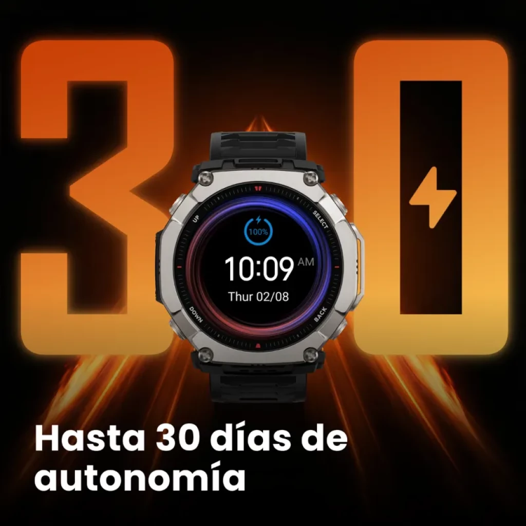 Amazfit T-Rex Ultra 2 Magma Negro con pantalla AMOLED 1,5 pulgadas, bisel metálico robusto, correa de silicona negra y anuncio de hasta 30 días de batería