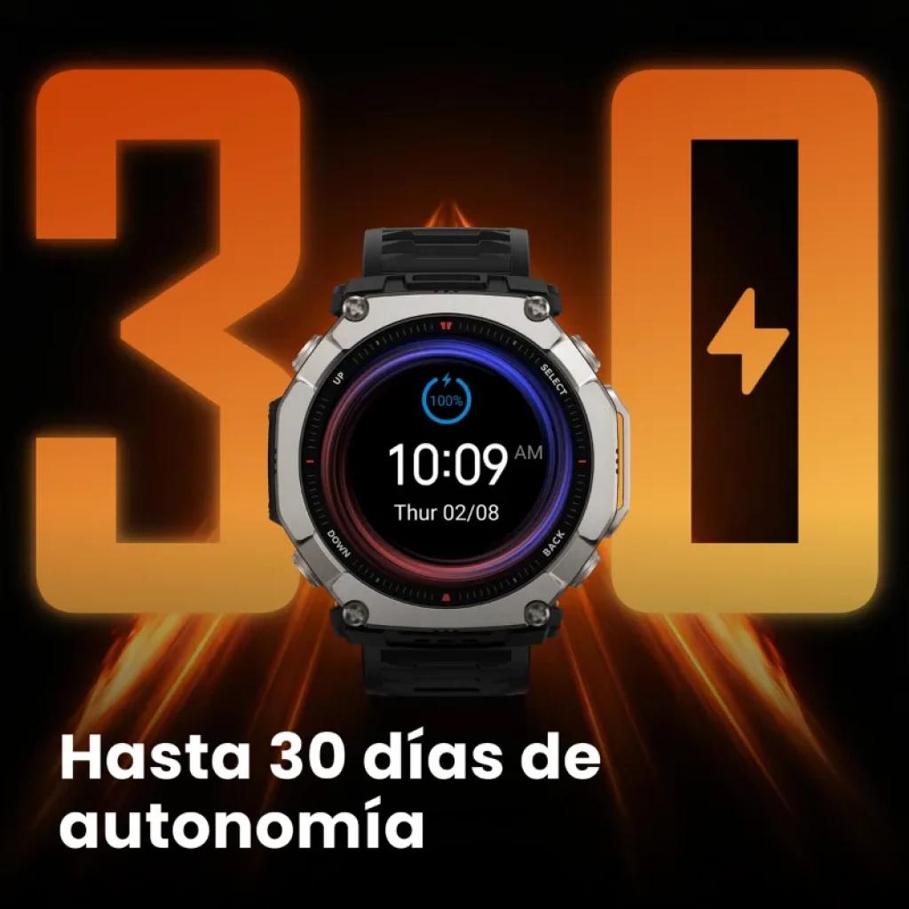 Amazfit T-Rex Ultra 2 Magma Negro con pantalla AMOLED 1,5 pulgadas, bisel metálico robusto, correa de silicona negra y anuncio de hasta 30 días de batería