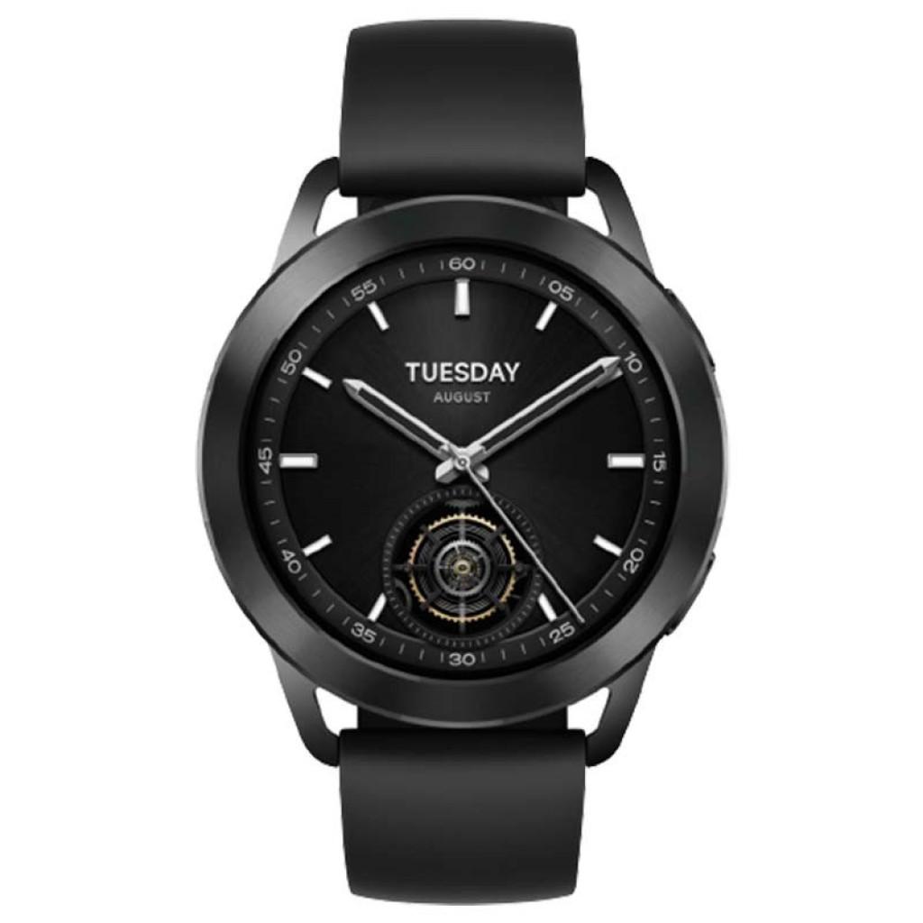 Xiaomi Watch S3 Negro Renovado Estado Excelente, caja negra mate, esfera circular con indicadores blancos, correa de silicona negra y pantalla con fecha martes