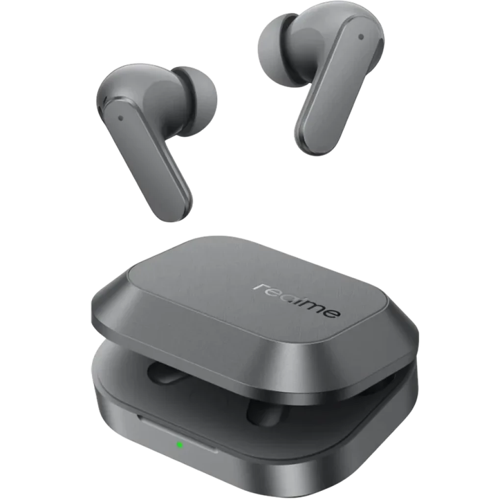 Realme Buds Air 8 TWS Gris con estuche compacto magnético, acabado metalizado, luz LED frontal y auriculares in-ear con vástago corto y puntas de silicona