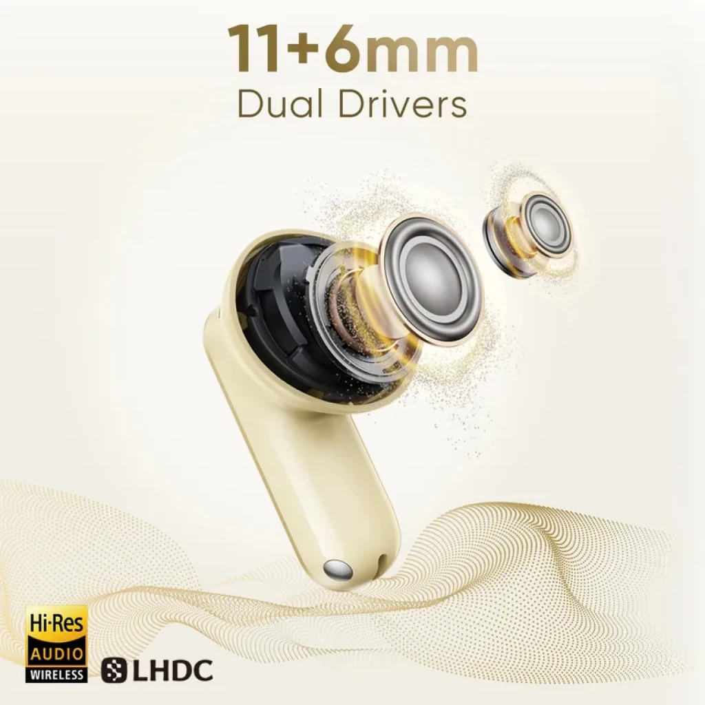 Realme Buds Air 8 TWS Gris con drivers duales 11+6 mm expuestos, acabado elegante, certificación Hi-Res y soporte LHDC en diseño in-ear compacto