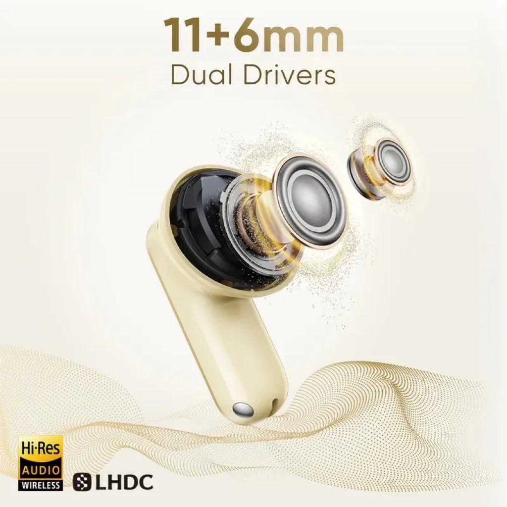 Realme Buds Air 8 TWS Gris con drivers duales 11+6 mm expuestos, acabado elegante, certificación Hi-Res y soporte LHDC en diseño in-ear compacto