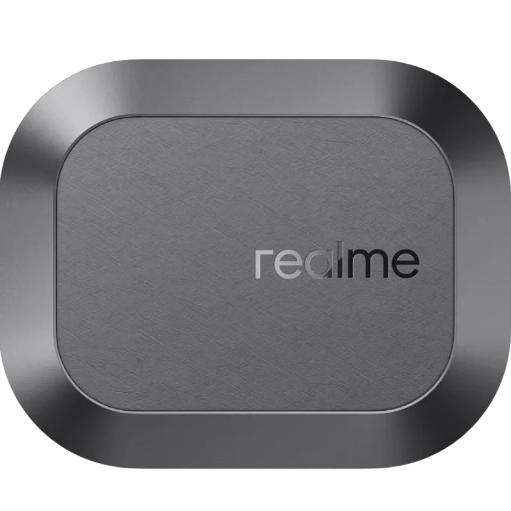 Realme Buds Air 8 TWS Gris: estuche de carga metálico gris con acabado cepillado, bordes redondeados y logo realme centrado en contraste brillante
