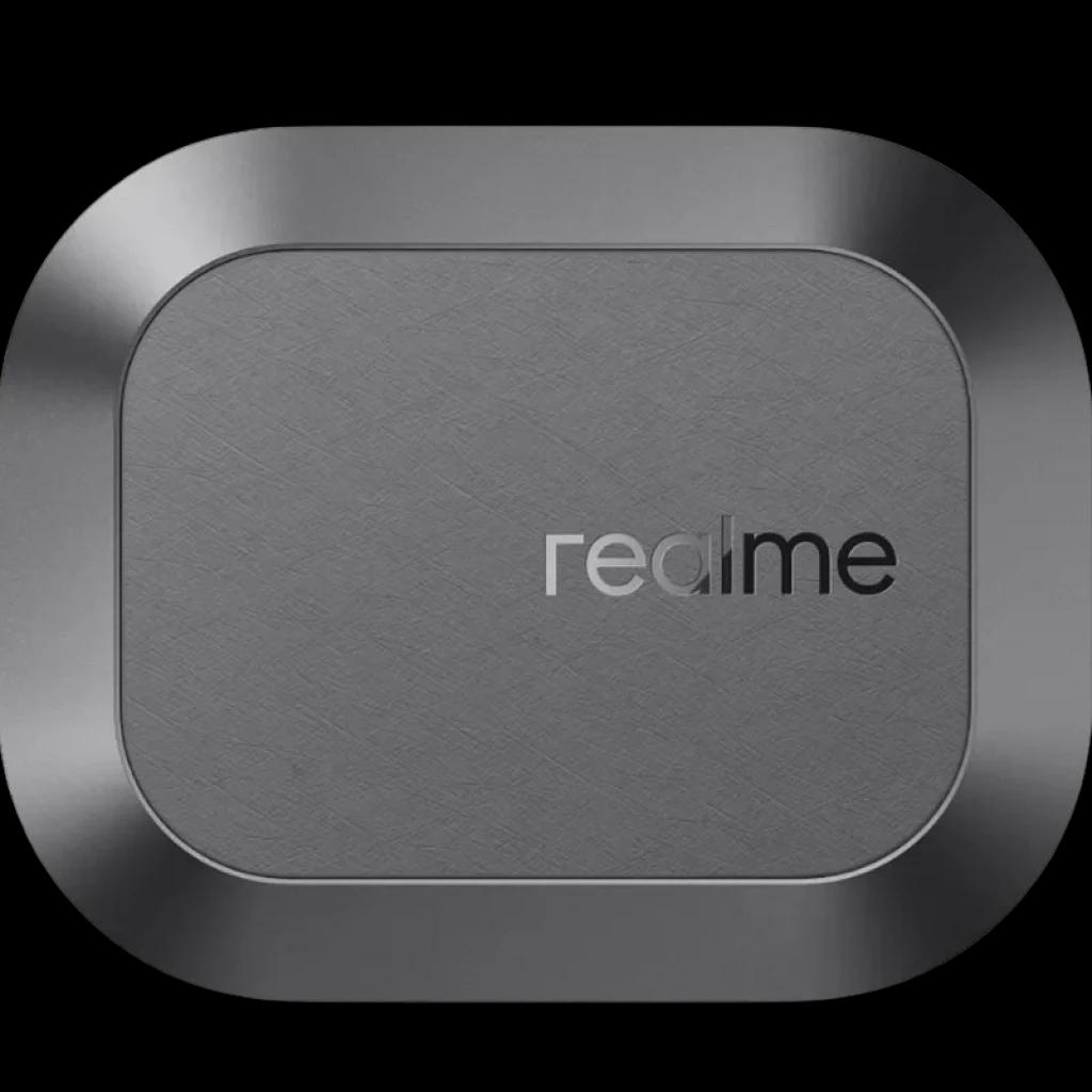 Realme Buds Air 8 TWS Gris: estuche de carga metálico gris con acabado cepillado, bordes redondeados y logo realme centrado en contraste brillante