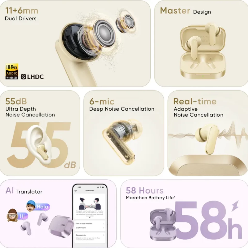 Realme Buds Air 8 TWS dourado com estojo elegante, hastes curtas e ponteiras de silicone; drivers duplos 11+6 mm visíveis e destaque ANC 55 dB