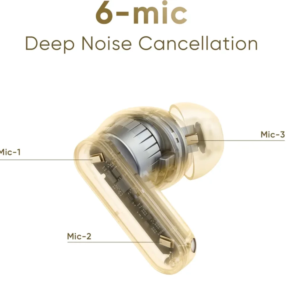 Auricular intra-auricular dourado transparente com 6 microfones, detalhes internos visíveis, ponteira de silicone e design compacto para ANC eficaz