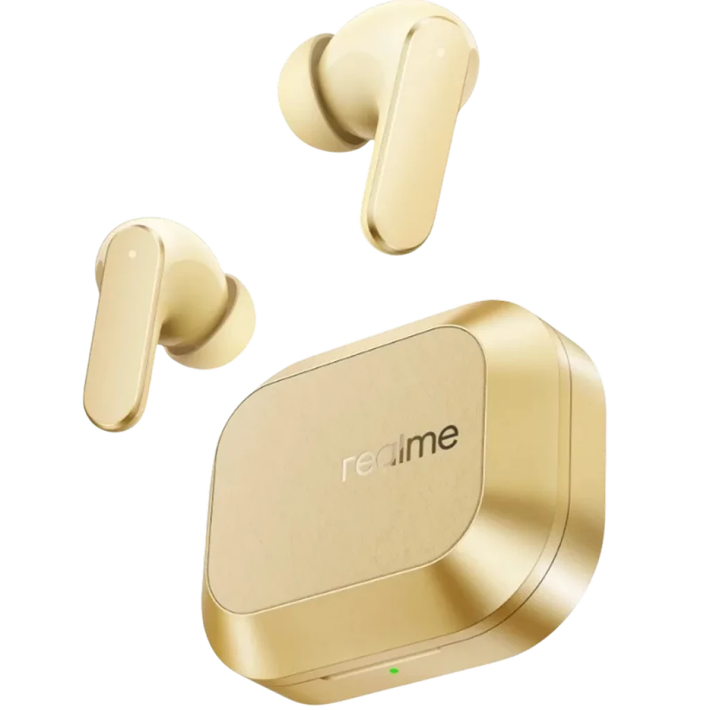 Realme Buds Air 8 TWS dourado com estojo compacto, acabamento metálico, formato intra-auricular, haste curta e indicador LED na base