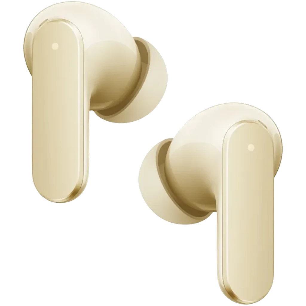 Realme Buds Air 8 TWS dourado, design intra-auricular elegante com hastes brilhantes e acabamento metálico suave; compactos e simétricos, pontas de silicone