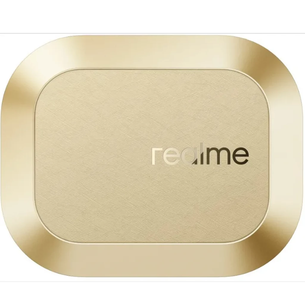 Estojo carregador dourado Realme Buds Air 8 TWS com acabamento metálico acetinado, cantos arredondados e logo realme central em relevo elegante