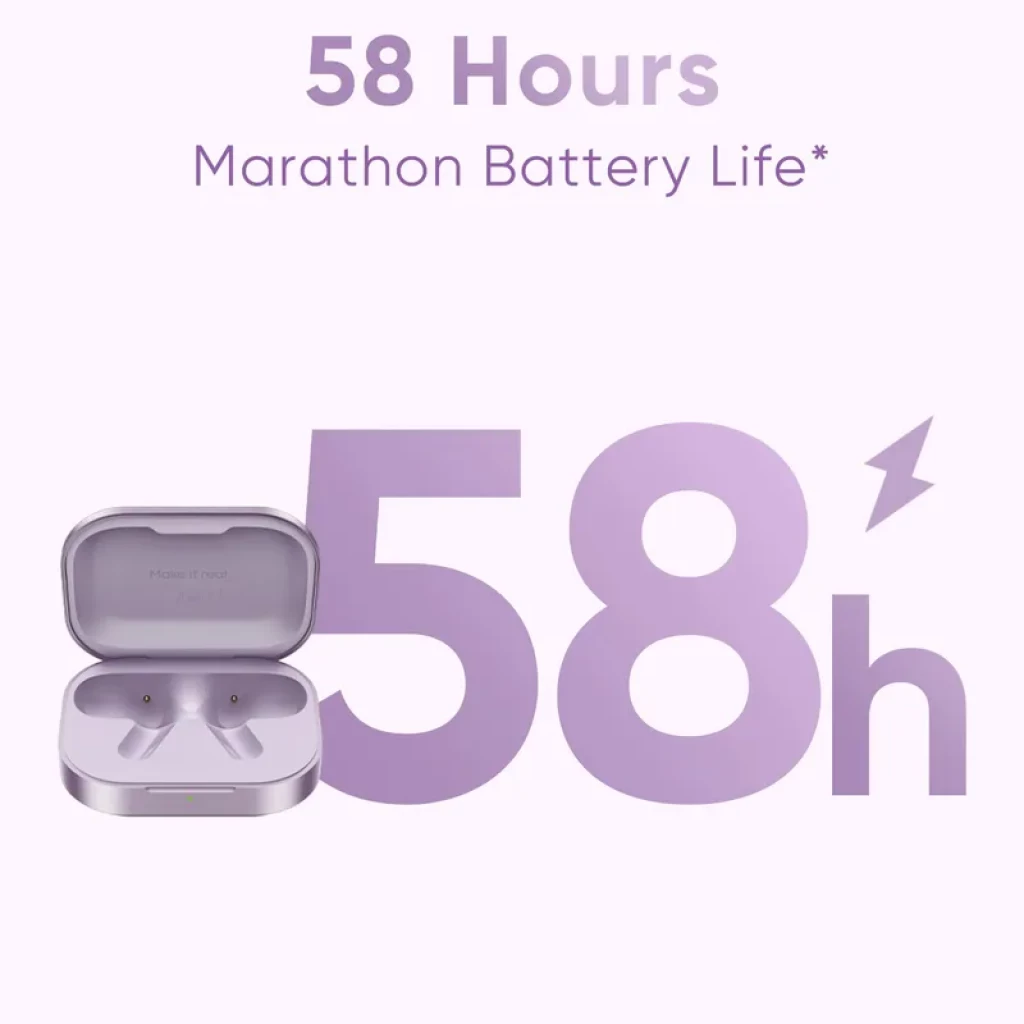 realme Buds Air 8 TWS morado con estuche compacto y acabado mate, dos auriculares intraurales y texto 58h destacando batería de larga duración